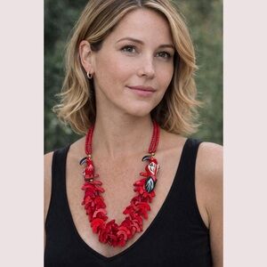 Vintage Tropical Red Wood Parrot Tiki Multi-Strand Necklace • Exotic Carved Bird